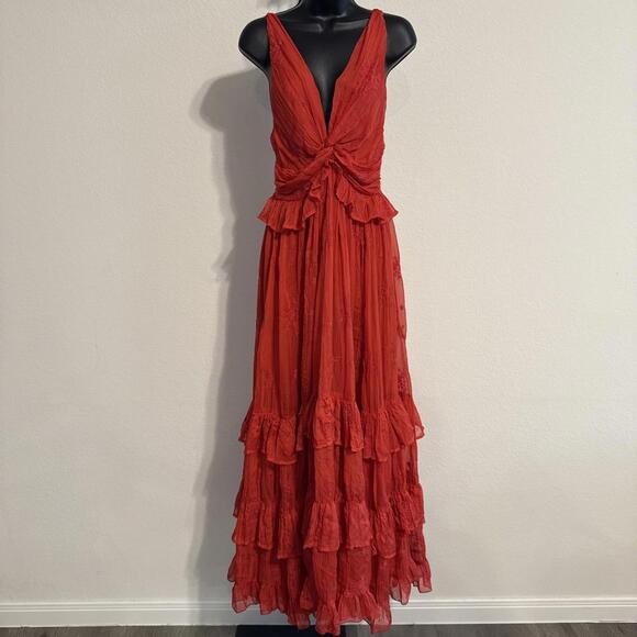 $725 Sabina Musayev Coral Camellia V-Neck Tiered Maxi Gown w/ Floral Chiffon MED - Picture 2 of 13